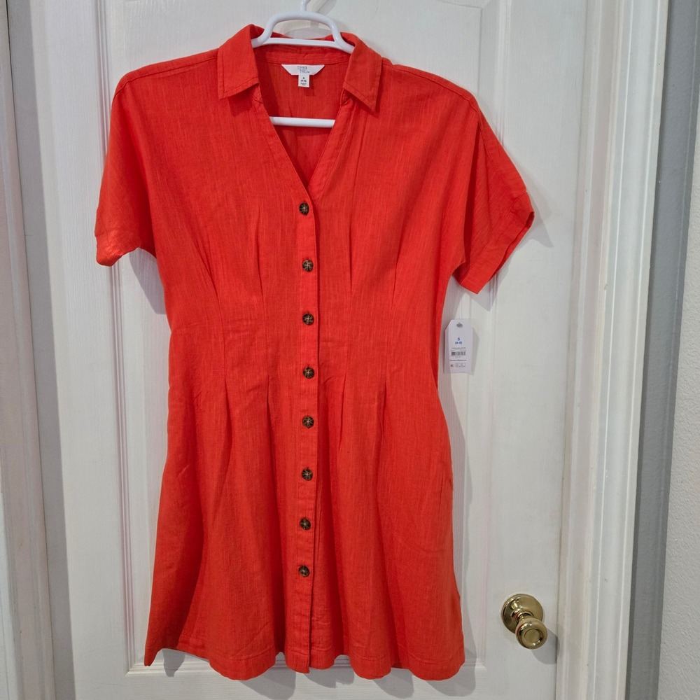 Time and Tru Shirt Dress Womens‎ Small Orange NWT Linen Blend Button Front Mini